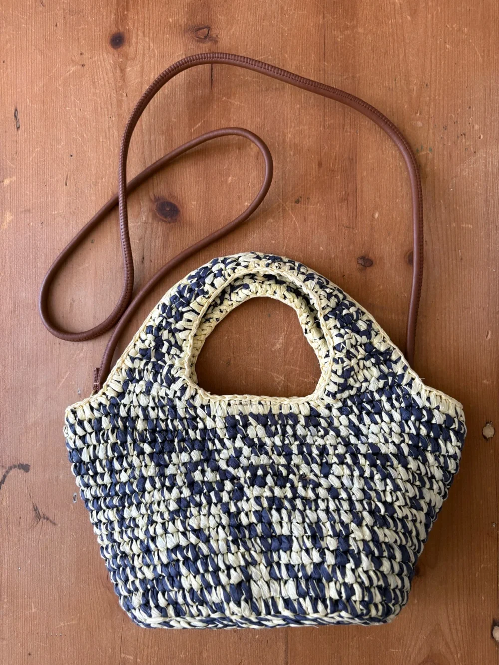 NWT, J Crew Small Handwoven Tote, Yellow & Navy Marled Straw, Leather Trim